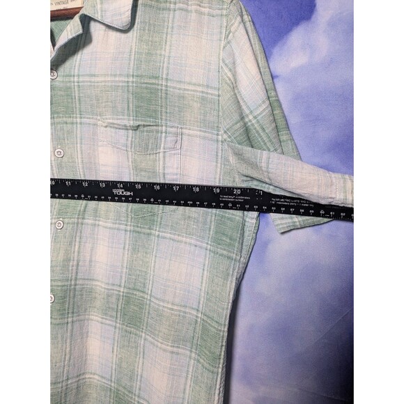 Green Linen Blend Plaid Short Sleeve Shirt Men's Medium Camp Lightweight Summer - Picture 6 of 7